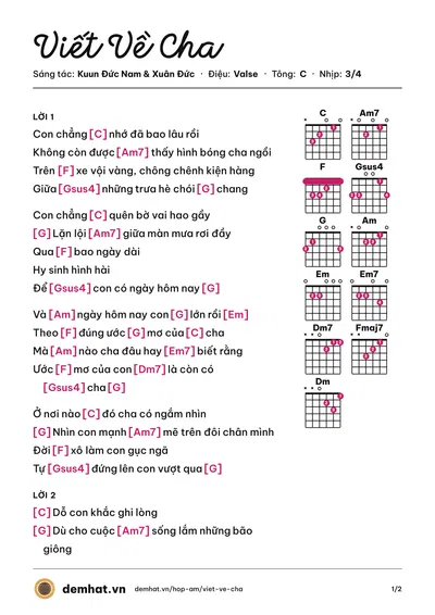 Hợp âm Viết Về Cha (Xuân Đức) – bản nhạc PDF trang 1, tông C