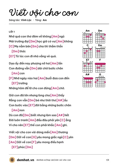 Hợp âm Viết vội cho con (Vĩnh Lộc) – bản nhạc PDF trang 1, tông Am