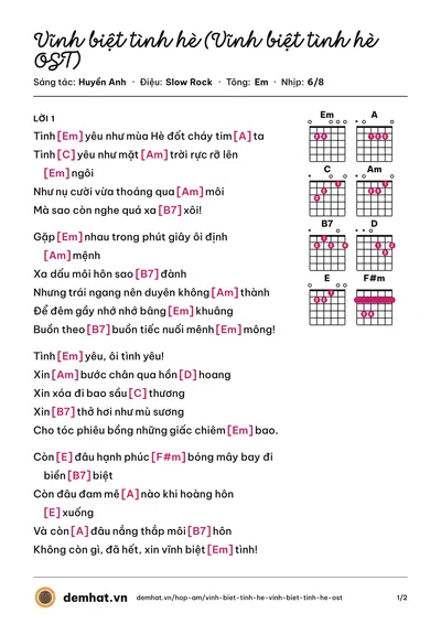 Hợp âm Vĩnh biệt tình hè (Vĩnh biệt tình hè OST) (Nguyễn Chánh Tín) – bản nhạc PDF trang 1, tông Em