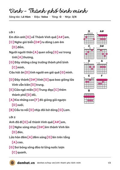 Hợp âm Vinh – Thành phố bình minh (Vũ Thắng Lợi) – bản nhạc PDF trang 1, tông G