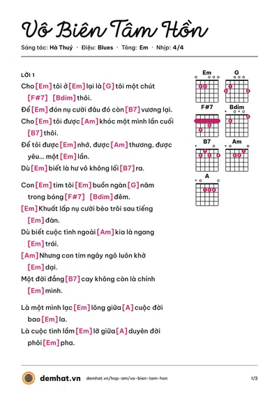 Hợp âm Vô Biên Tâm Hồn (Hà Thuý) – bản nhạc PDF trang 1, tông Em