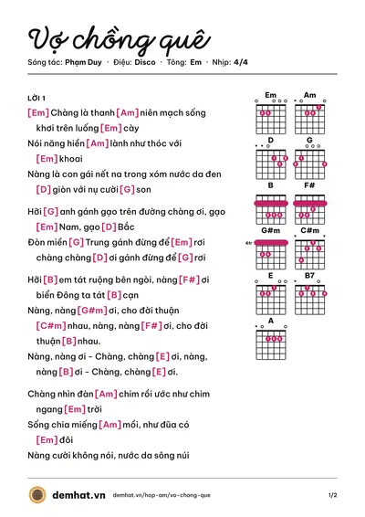 Hợp âm Vợ chồng quê (Ái Vân) – bản nhạc PDF trang 1, tông Em