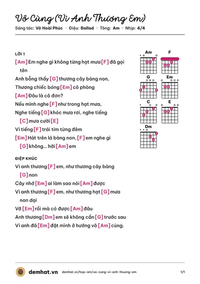 Hợp âm Vô Cùng (Vì Anh Thương Em) (Minh Uyên) – bản nhạc PDF trang 1, tông Am