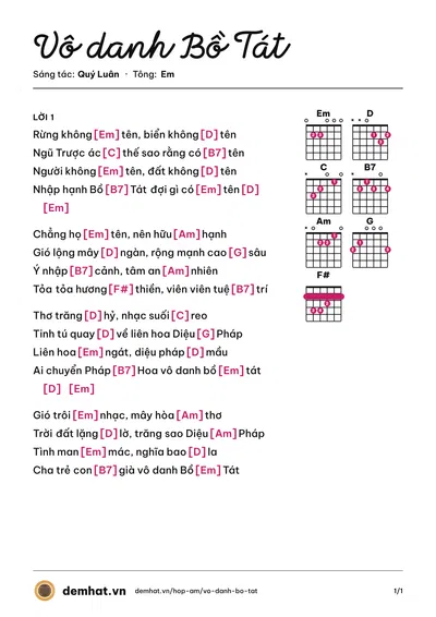 Hợp âm Vô danh Bồ Tát (Quách Tuấn Du) – bản nhạc PDF trang 1, tông Em