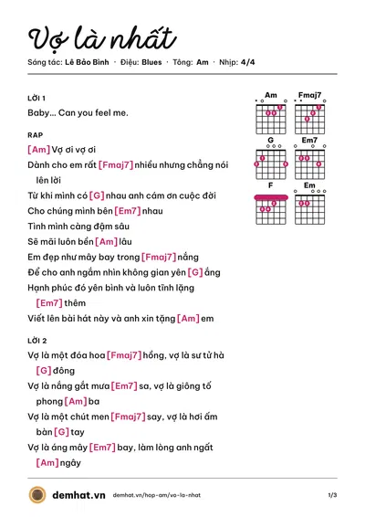 Hợp âm Vợ là nhất (Lê Bảo Bình) – bản nhạc PDF trang 1, tông Am