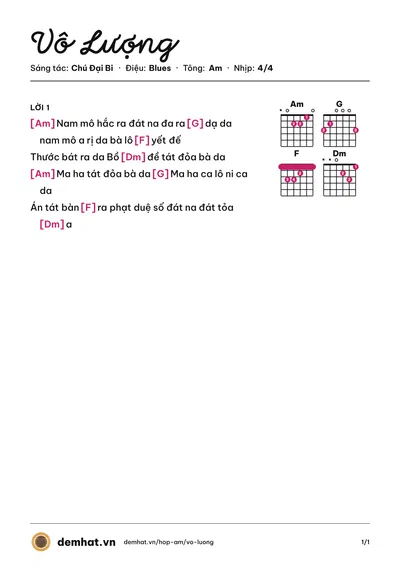 Hợp âm Vô Lượng (Masew) – bản nhạc PDF trang 1, tông Am