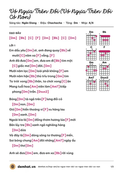 Hợp âm Vó Ngựa Trên Đồi (Vó Ngựa Trên Đồi Cỏ Non) (Quốc Đại) – bản nhạc PDF trang 1, tông Dm