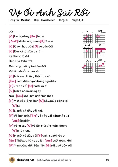 Hợp âm Vợ Ơi Anh Sai Rồi (F Band) – bản nhạc PDF trang 1, tông C