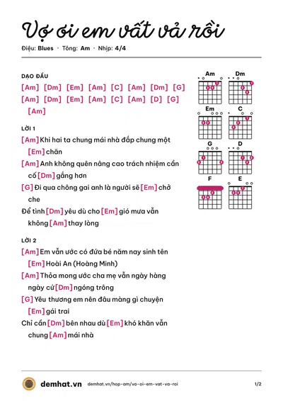 Hợp âm Vợ ơi em vất vả rồi (Kỳ Long) – bản nhạc PDF trang 1, tông Am