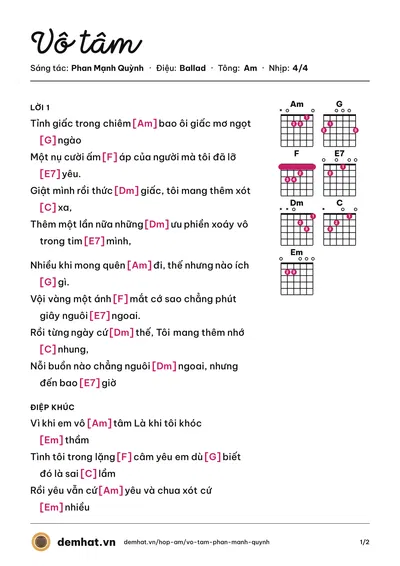 Hợp âm Vô tâm (Phan Mạnh Quỳnh) – bản nhạc PDF trang 1, tông Am