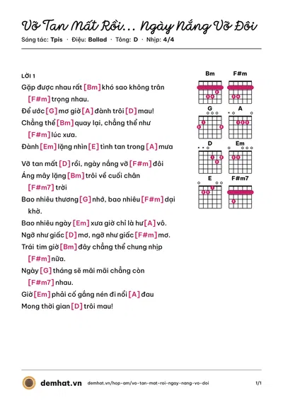 Hợp âm Vỡ Tan Mất Rồi... Ngày Nắng Vỡ Đôi (Hoàng Thống) – bản nhạc PDF trang 1, tông D