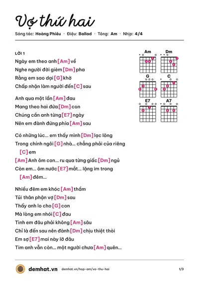 Hợp âm Vợ thứ hai (Ái) – bản nhạc PDF trang 1, tông Am