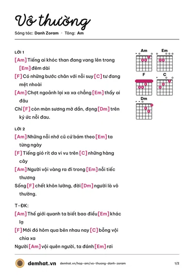 Hợp âm Vô thường (Danh Zoram) – bản nhạc PDF trang 1, tông Am