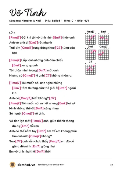 Hợp âm Vô Tình (Xesi) – bản nhạc PDF trang 1, tông C
