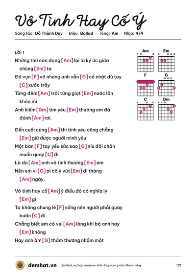 Hợp âm Vô Tình Hay Cố Ý (Đỗ Thành Duy) – bản nhạc PDF trang 1, tông Am