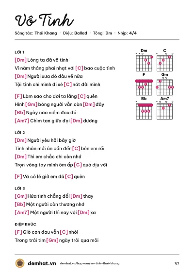 Hợp âm Vô Tình (Cẩm Ly) – bản nhạc PDF trang 1, tông Dm