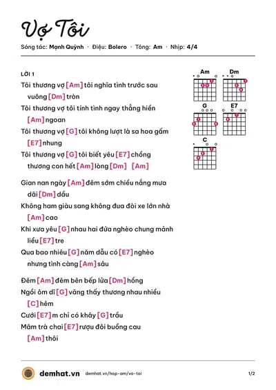 Hợp âm Vợ Tôi (Mạnh Quỳnh) – bản nhạc PDF trang 1, tông Am
