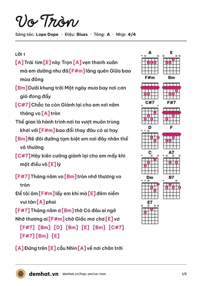Hợp âm Vo Tròn (Nguyễn Hoàng DươnG) – bản nhạc PDF trang 1, tông A