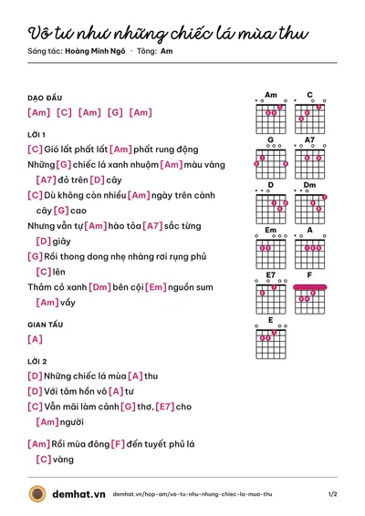 Hợp âm Vô tư như những chiếc lá mùa thu (Hoàng Minh Ngô) – bản nhạc PDF trang 1, tông Am