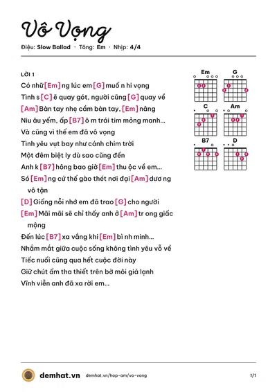 Hợp âm Vô Vọng (Vũ Hạnh Nguyên) – bản nhạc PDF trang 1, tông Em