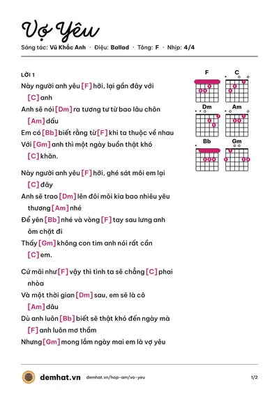 Hợp âm Vợ Yêu (Vũ Khắc Anh) – bản nhạc PDF trang 1, tông F