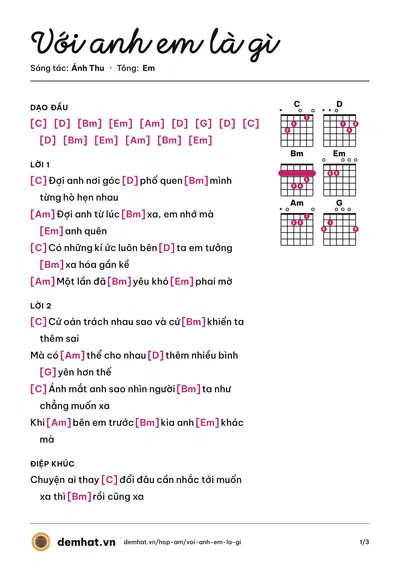 Hợp âm Với anh em là gì (Ánh Thu) – bản nhạc PDF trang 1, tông Em