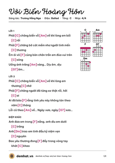 Hợp âm Với Biển Hoàng Hôn (Xuân Huyền) – bản nhạc PDF trang 1, tông C