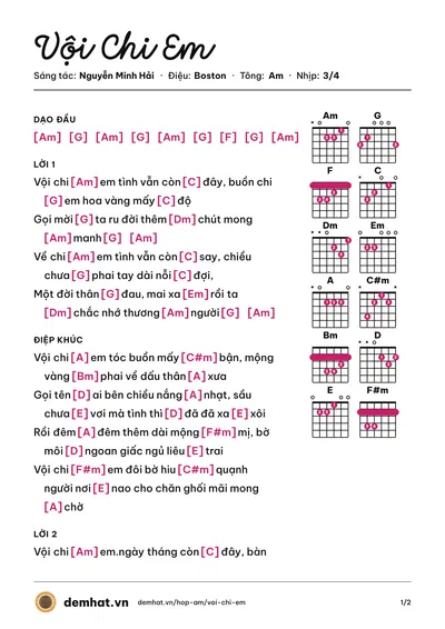 Hợp âm Vội Chi Em (Tâm Thư) – bản nhạc PDF trang 1, tông Am