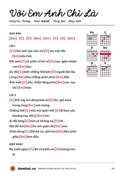 Hợp âm Với Em Anh Chỉ Là (TLong) – bản nhạc PDF trang 1, tông Em