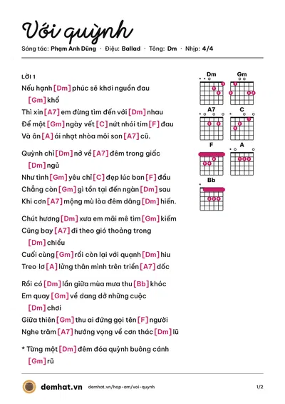 Hợp âm Với quỳnh (Phạm Anh Dũng) – bản nhạc PDF trang 1, tông Dm