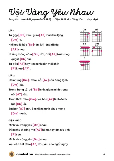 Hợp âm Vội Vàng Yêu Nhau (Lê Toàn) – bản nhạc PDF trang 1, tông Dm