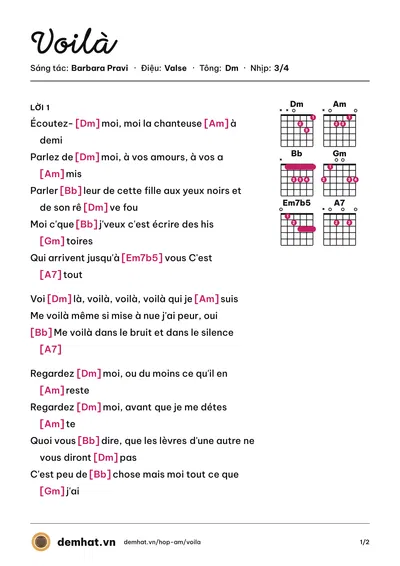 Hợp âm Voilà (Barbara Pravi) – bản nhạc PDF trang 1, tông Dm
