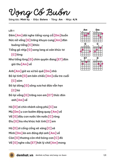 Hợp âm Vọng Cổ Buồn (Như Quỳnh) – bản nhạc PDF trang 1, tông Am