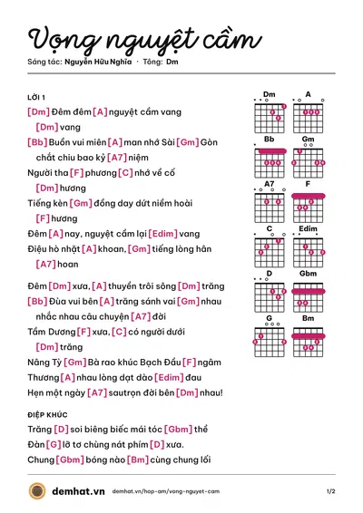 Hợp âm Vọng nguyệt cầm (Như Tuyết) – bản nhạc PDF trang 1, tông Dm