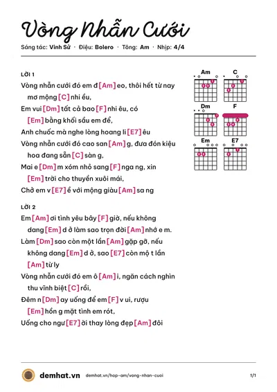Hợp âm Vòng Nhẫn Cưới (Chế Linh) – bản nhạc PDF trang 1, tông Am