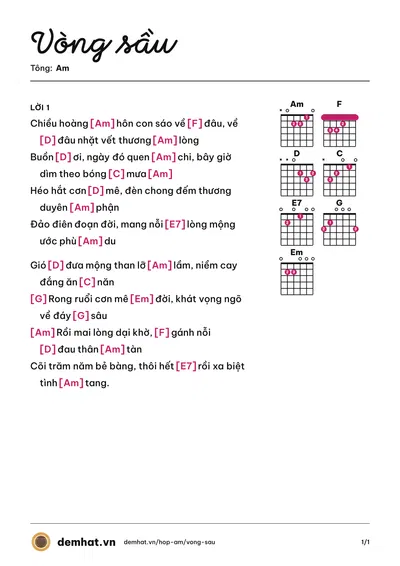 Hợp âm Vòng sầu (Lâm Tuyền) – bản nhạc PDF trang 1, tông Am
