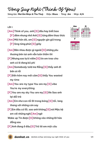 Hợp âm Vòng Suy Nghĩ (Think Of You) (Mai Âm Nhạc) – bản nhạc PDF trang 1, tông Am