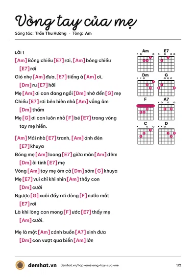 Hợp âm Vòng tay của mẹ (Trần Thu Hường) – bản nhạc PDF trang 1, tông Am