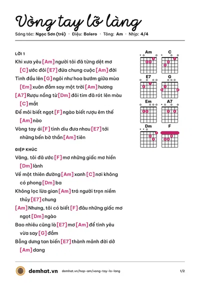 Hợp âm Vòng tay lỡ làng (Vũ Tuấn Khang) – bản nhạc PDF trang 1, tông Am