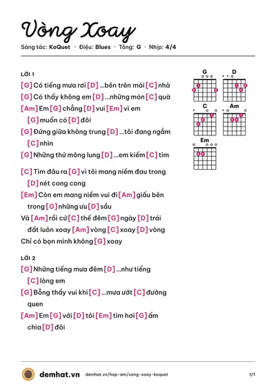 Hợp âm Vòng Xoay (KoQuet) – bản nhạc PDF trang 1, tông G