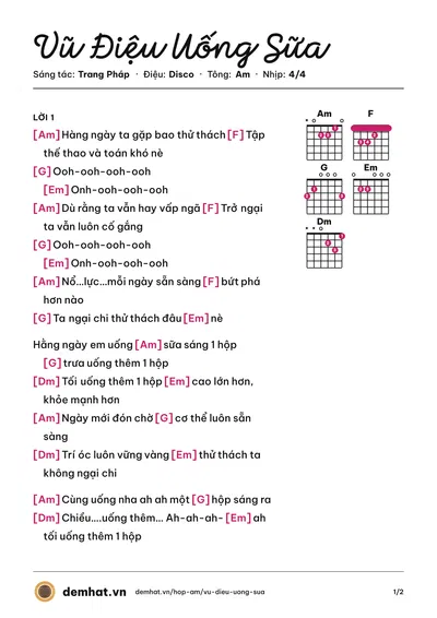 Hợp âm Vũ Điệu Uống Sữa (Trang Pháp) – bản nhạc PDF trang 1, tông Am