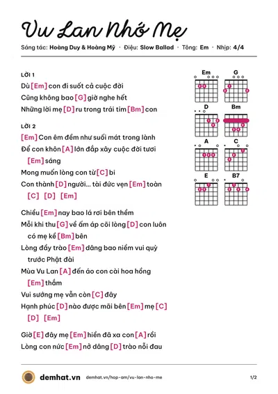 Hợp âm Vu Lan Nhớ Mẹ (Ngọc Hân) – bản nhạc PDF trang 1, tông Em