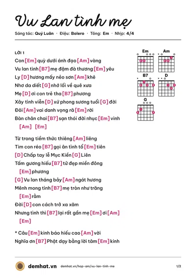 Hợp âm Vu Lan tình mẹ (Trung Hậu) – bản nhạc PDF trang 1, tông Em