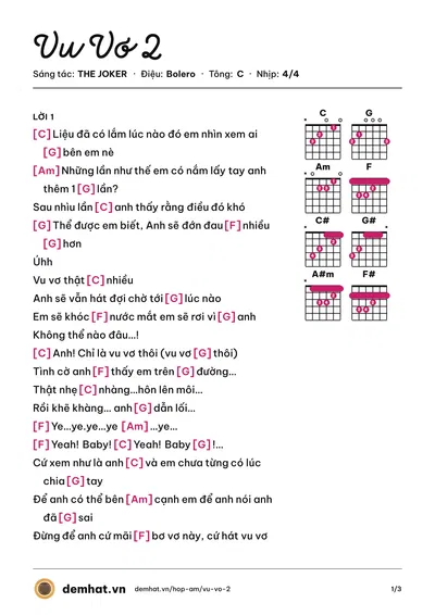 Hợp âm Vu Vơ 2 (Yanbi) – bản nhạc PDF trang 1, tông C