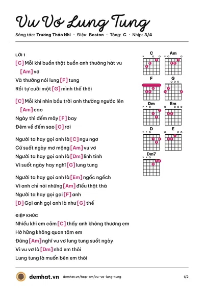 Hợp âm Vu Vơ Lung Tung (Trương Thảo Nhi) – bản nhạc PDF trang 1, tông C