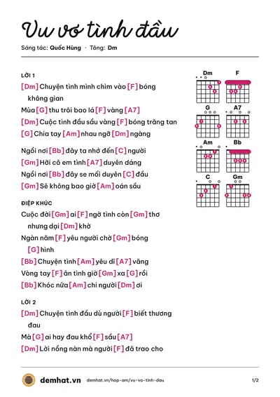 Hợp âm Vu vơ tình đầu (Lay Minh) – bản nhạc PDF trang 1, tông Dm