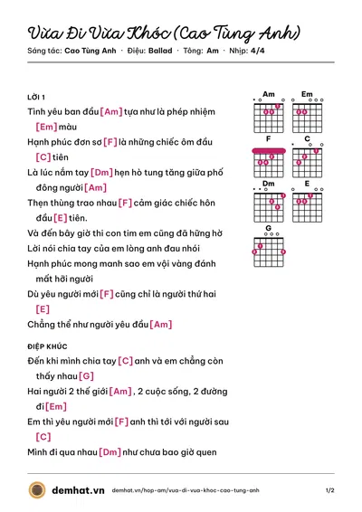 Hợp âm Vừa Đi Vừa Khóc (Cao Tùng Anh) (Cao Tùng Anh) – bản nhạc PDF trang 1, tông Am