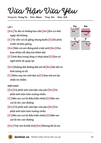 Hợp âm Vừa Hận Vừa Yêu (Trung Tự) – bản nhạc PDF trang 1, tông Em