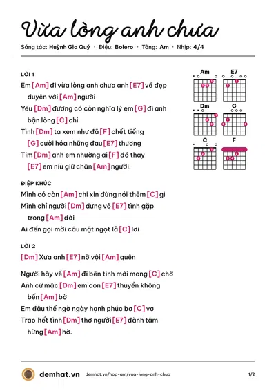 Hợp âm Vừa lòng anh chưa (Hoàng Châu) – bản nhạc PDF trang 1, tông Am