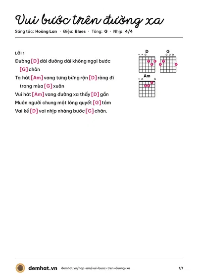 Hợp âm Vui bước trên đường xa (Hoàng Lan) – bản nhạc PDF trang 1, tông G